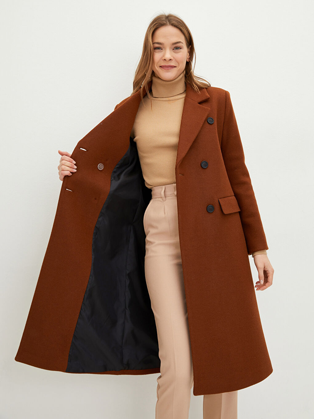 Jacket Collar Straight Pocket Detailed Long Sleeve Thick Women's Cachet Coat-2