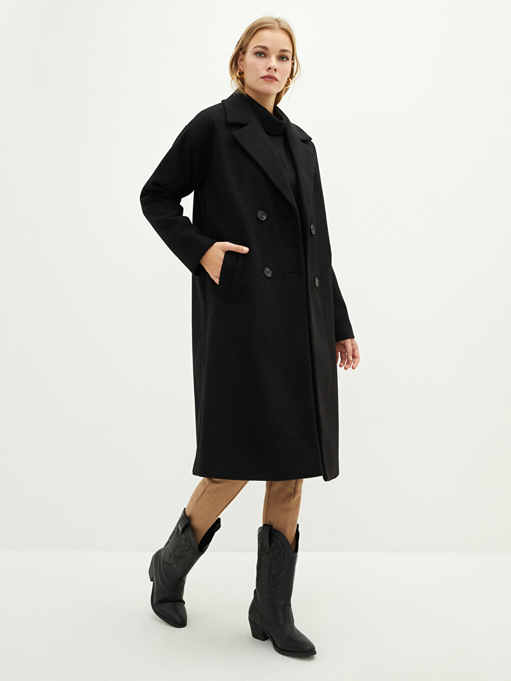 Siyah Ceket Yaka Düğme Detaylı Uzun Kollu Kadın Kaşe Kaban-2