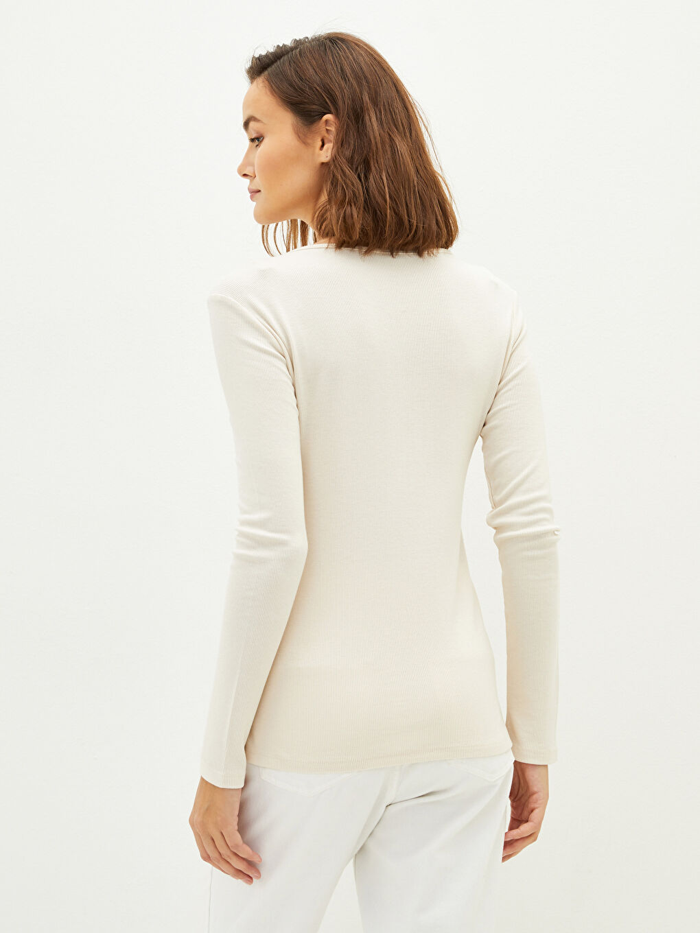 Bej Bisiklet Yaka Düz Uzun Kollu Kaşkorse Kadın Bluz-3