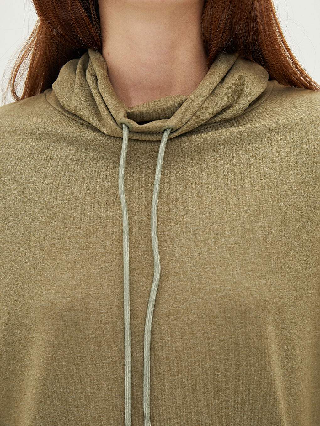 Haki Keşiş Yaka Düz Uzun Kollu Kadın Tişört-2