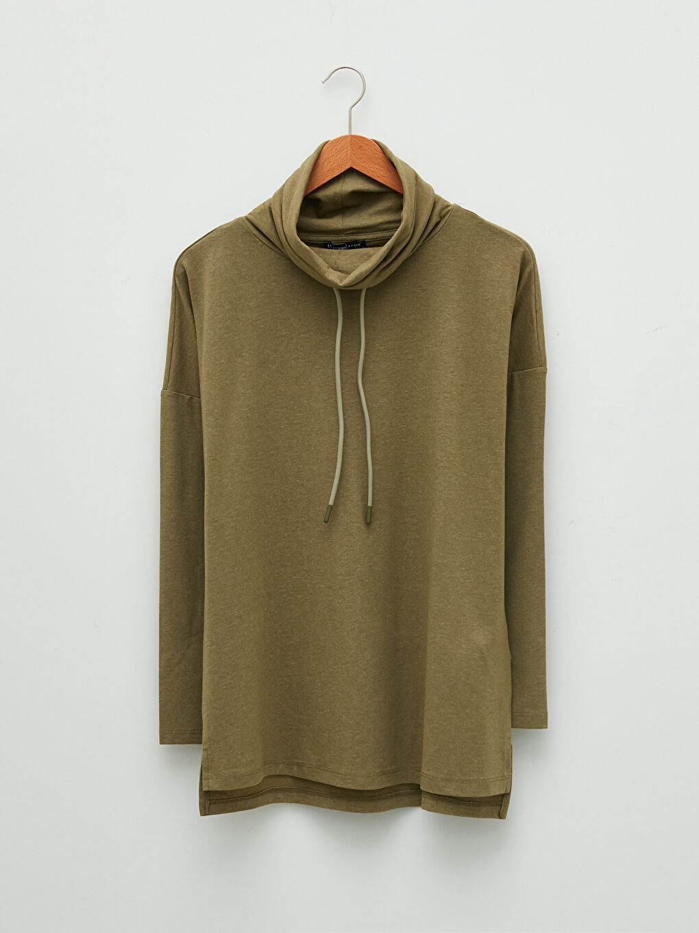 Haki Keşiş Yaka Düz Uzun Kollu Kadın Tişört-4