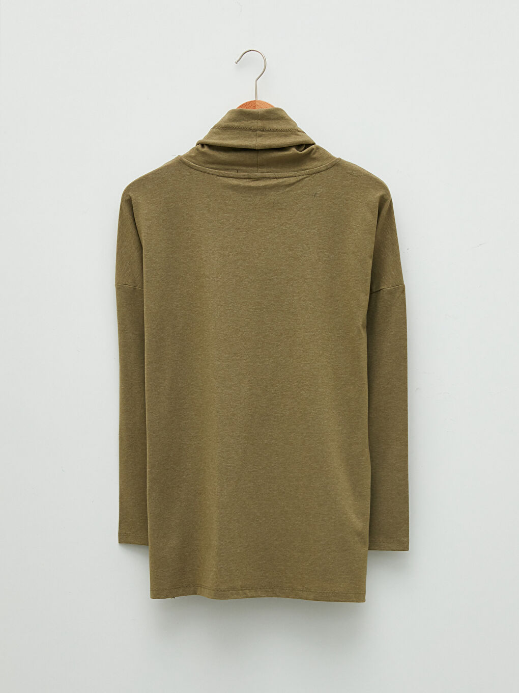 Haki Keşiş Yaka Düz Uzun Kollu Kadın Tişört-5