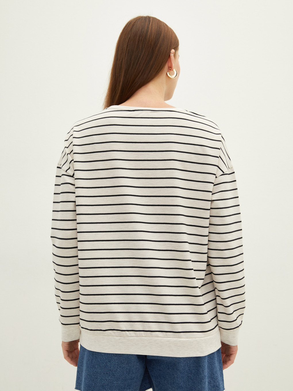 Bej Bisiklet Yaka Çizgili Uzun Kollu Kadın Sweatshirt-4