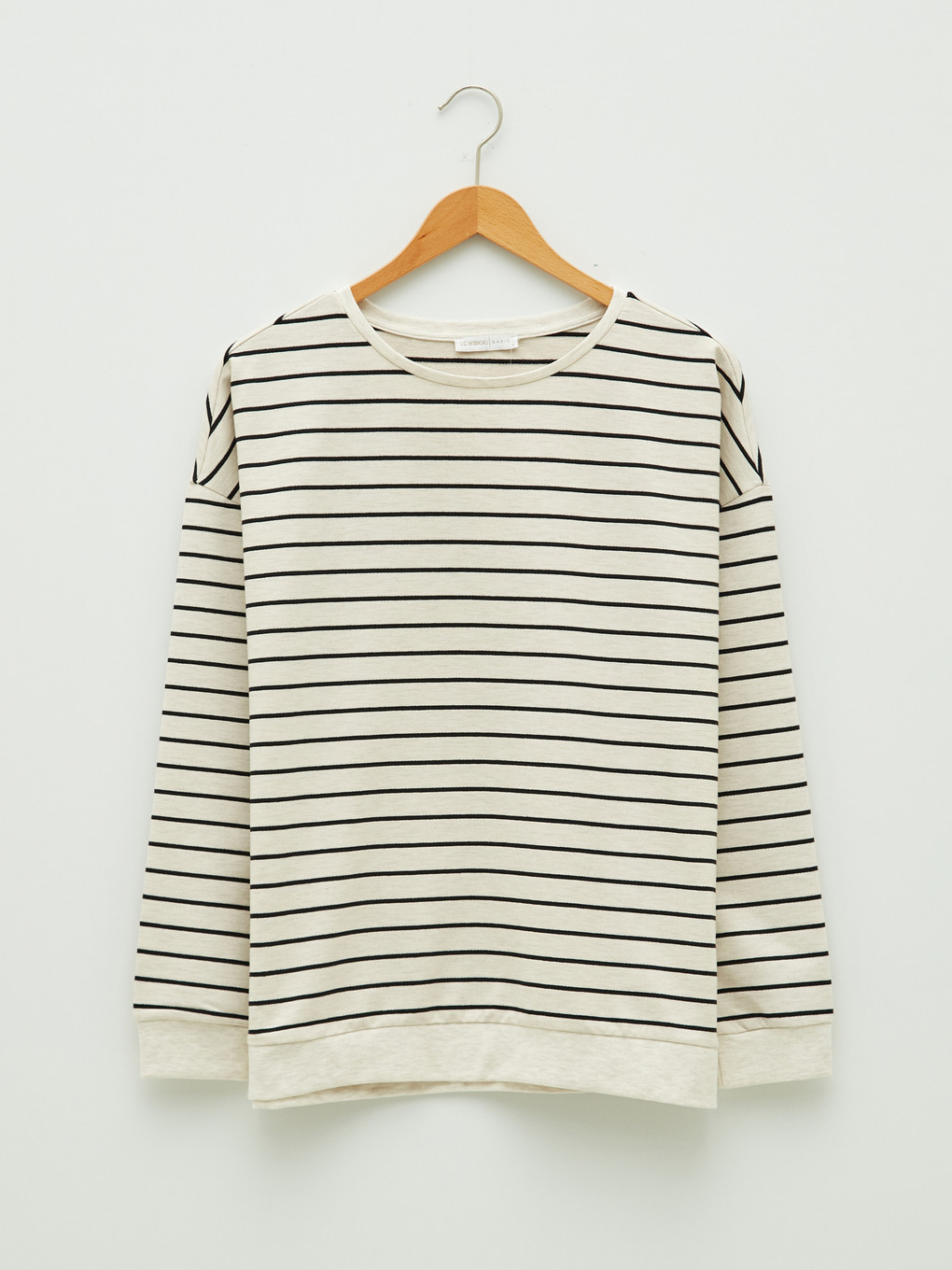 Bej Bisiklet Yaka Çizgili Uzun Kollu Kadın Sweatshirt-5