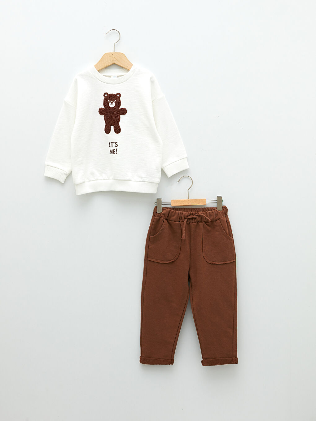 Ekru Bisiklet Yaka Uzun Kollu Erkek Bebek Sweatshirt ve Pantolon 2'li Takım