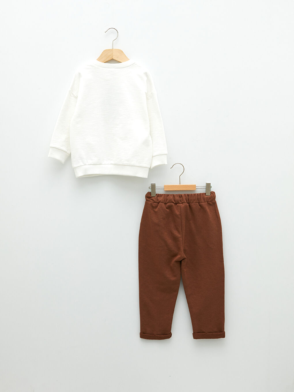 Ekru Bisiklet Yaka Uzun Kollu Erkek Bebek Sweatshirt ve Pantolon 2'li Takım-1
