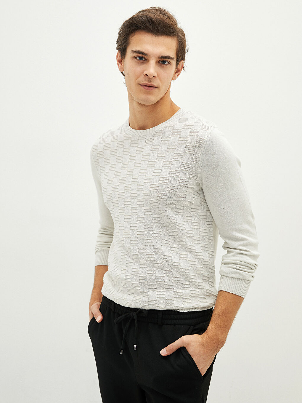 Crew Neck Long Sleeve Men's Tricot Sweater-1