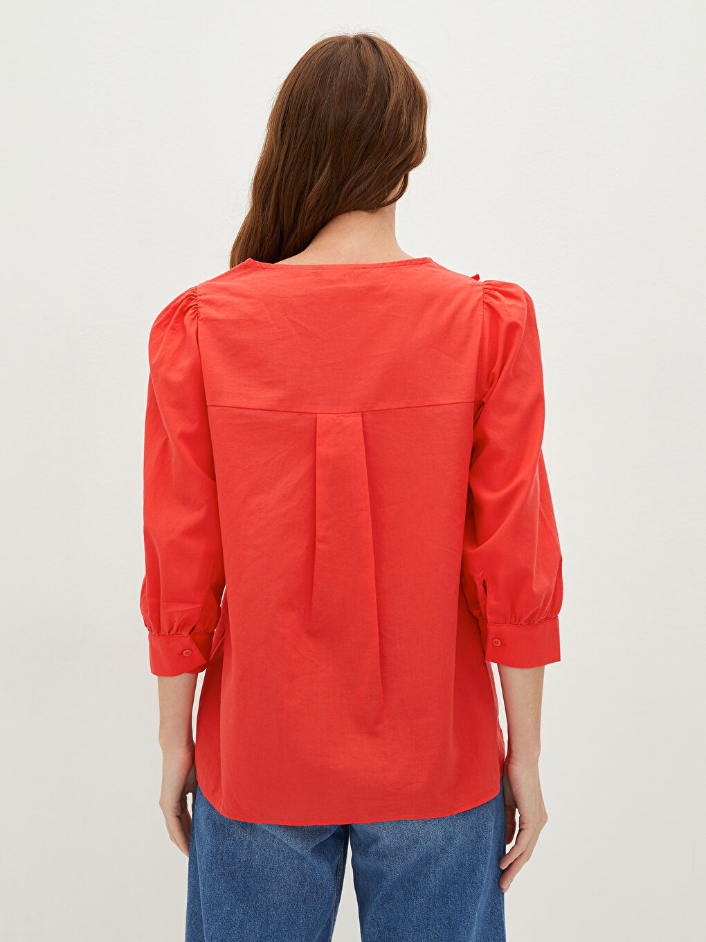 Chemise Froncée Col Claudine Uni en Popeline pour Femmes-3