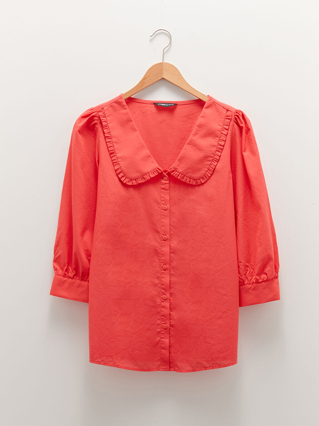 Chemise Froncée Col Claudine Uni en Popeline pour Femmes-4