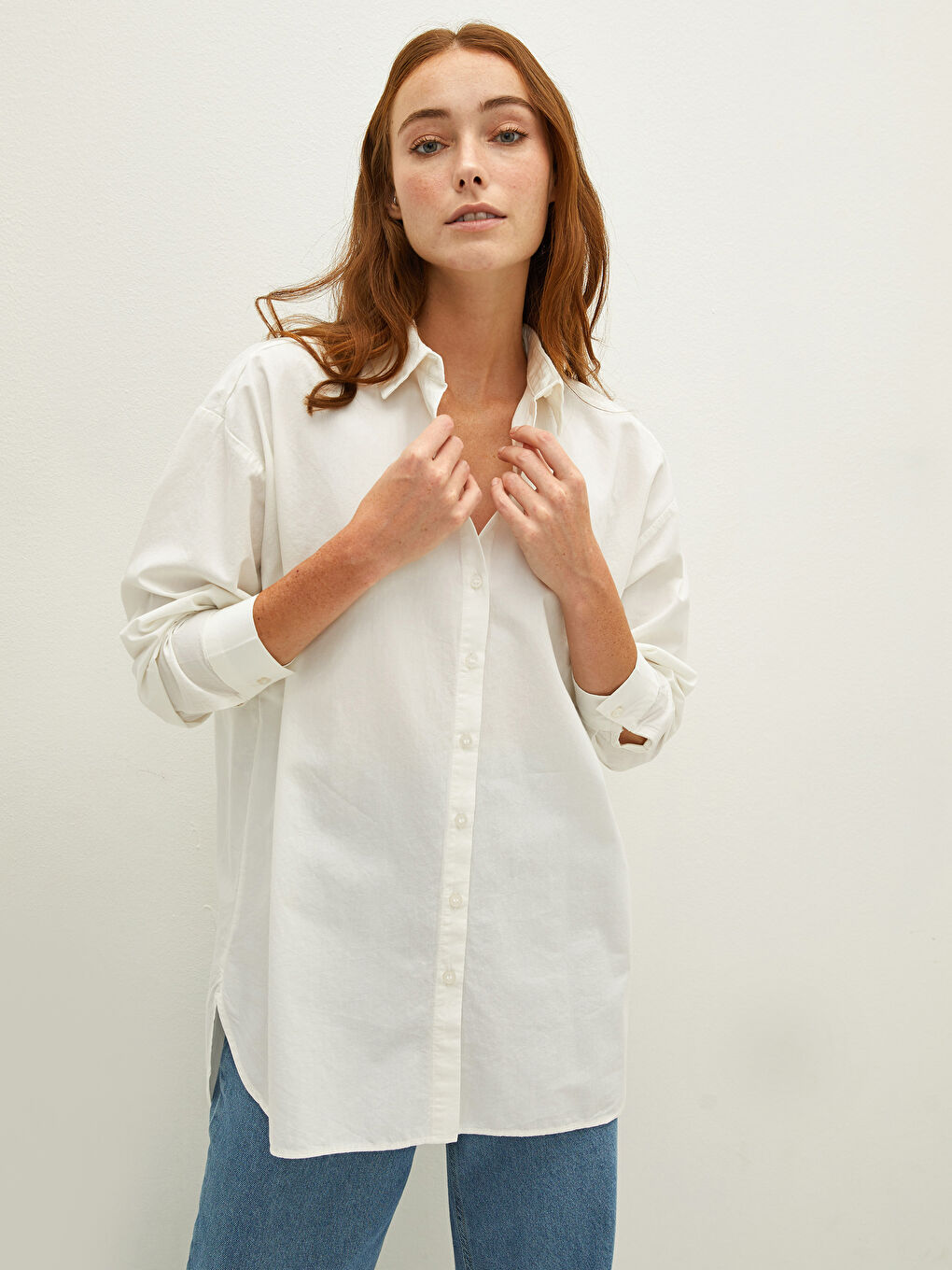 Buttoned Regular Long Sleeve Poplin Women's Shirt-2