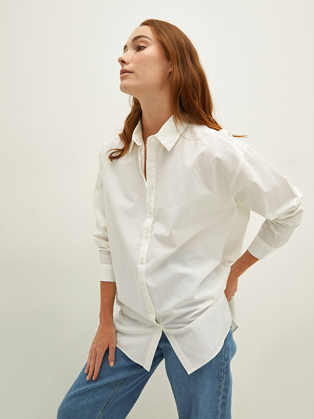 Buttoned Regular Long Sleeve Poplin Women's Shirt-1