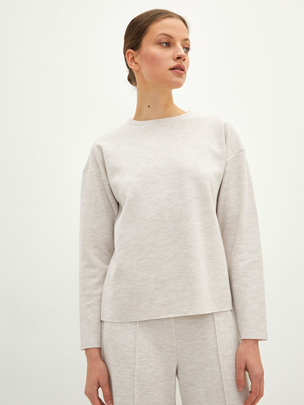 Crew Neck Plain Long Sleeve Women's Crop Top -W1FF49Z8-L8Q