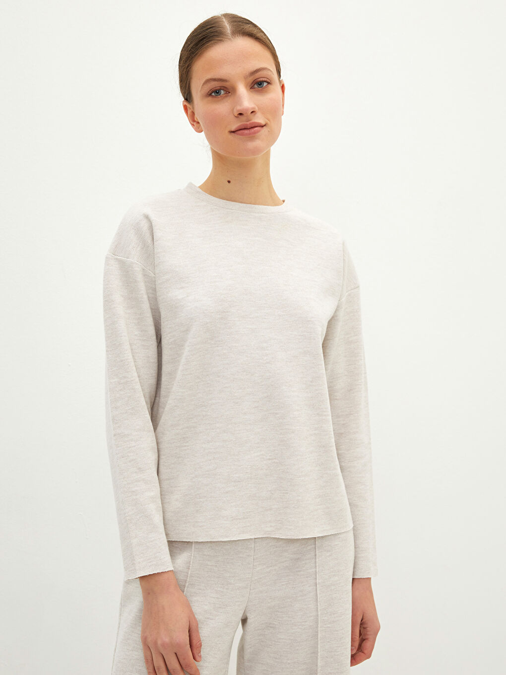 Crew Neck Plain Long Sleeve Women's Crop Top -W1FF49Z8-L8Q