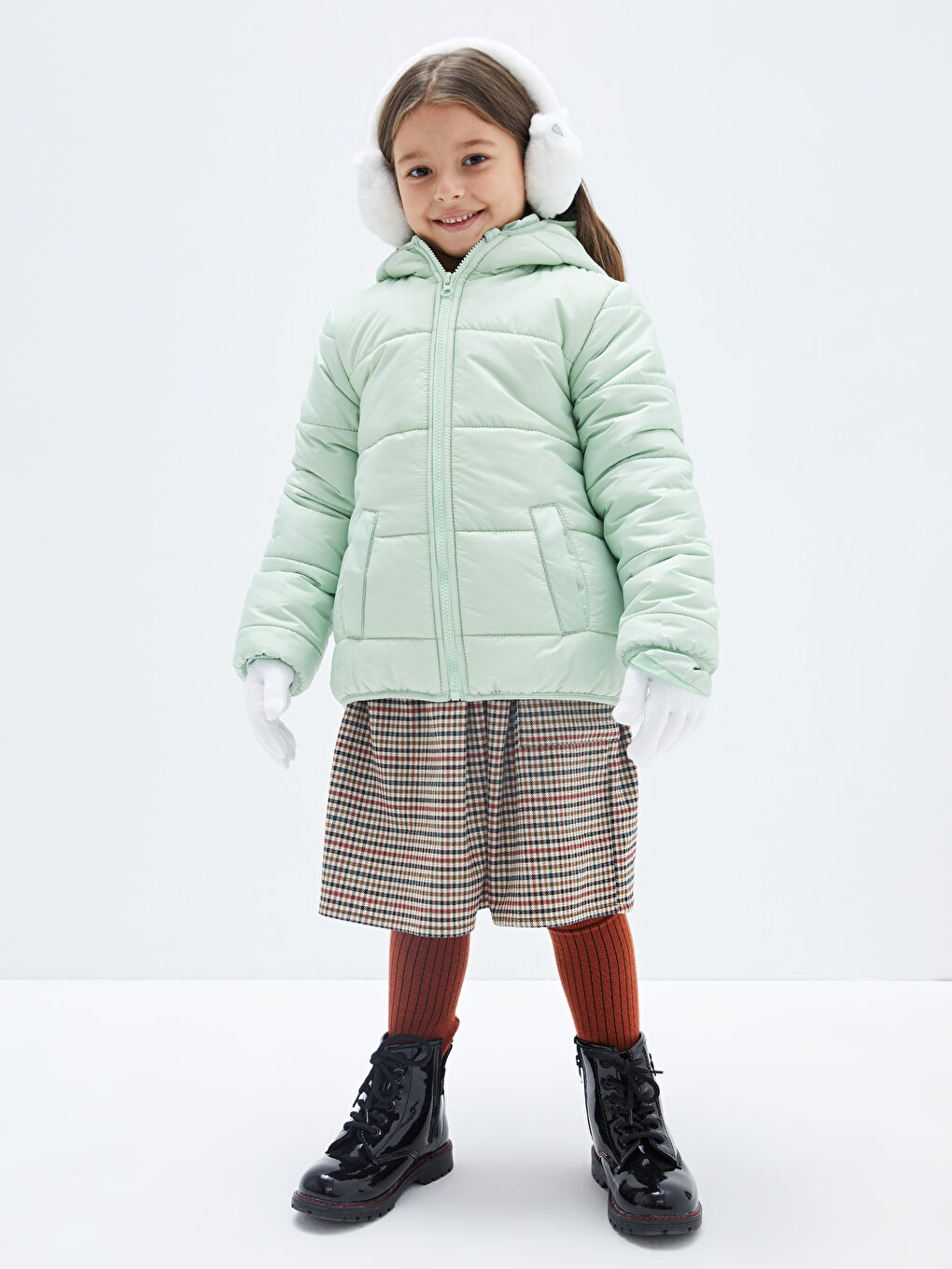 Yeşil Kapüşonlu Kız Çocuk Şişme Mont-1