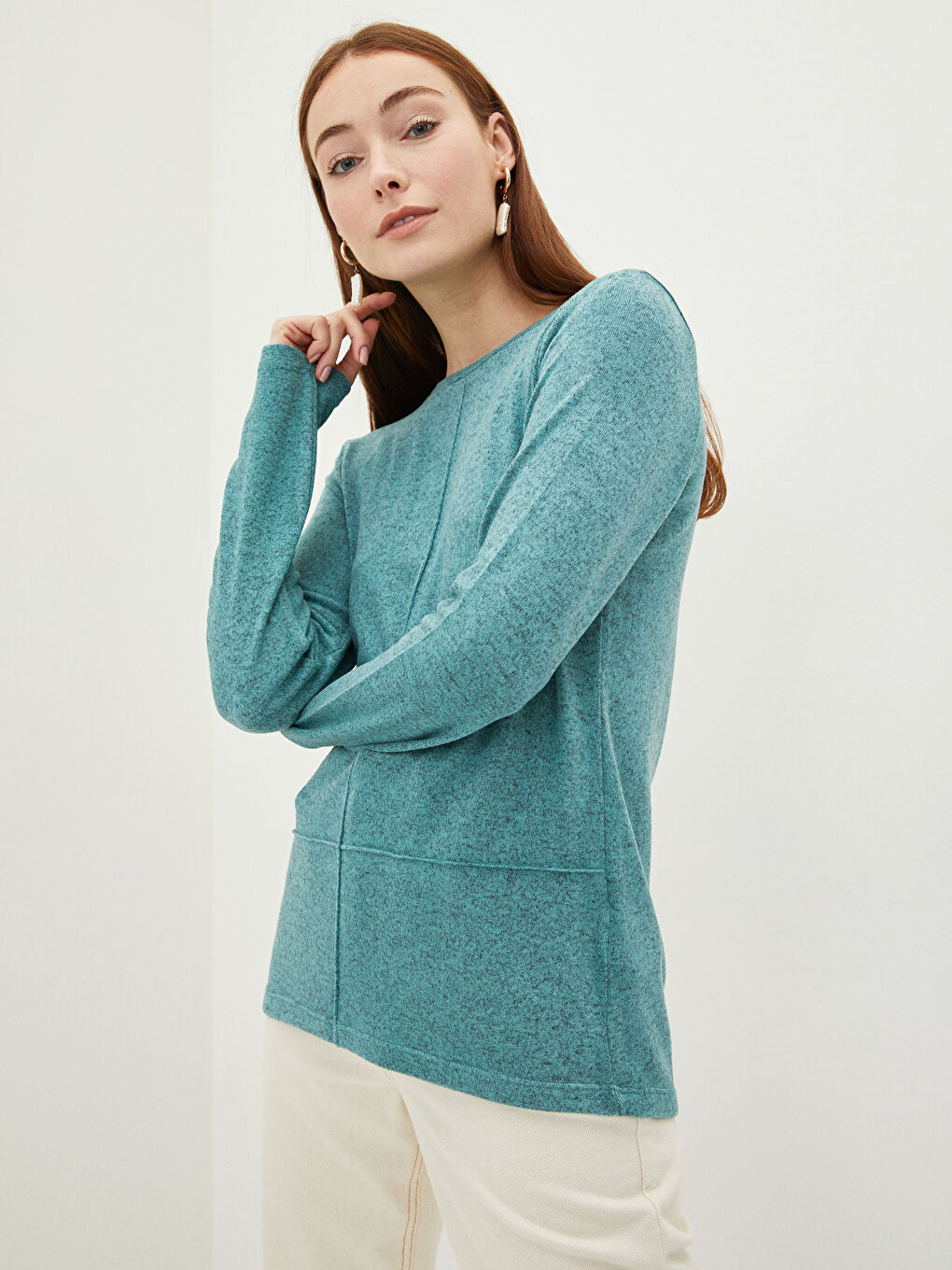 T-shirt à manches longues uni à col rond pour Femmes