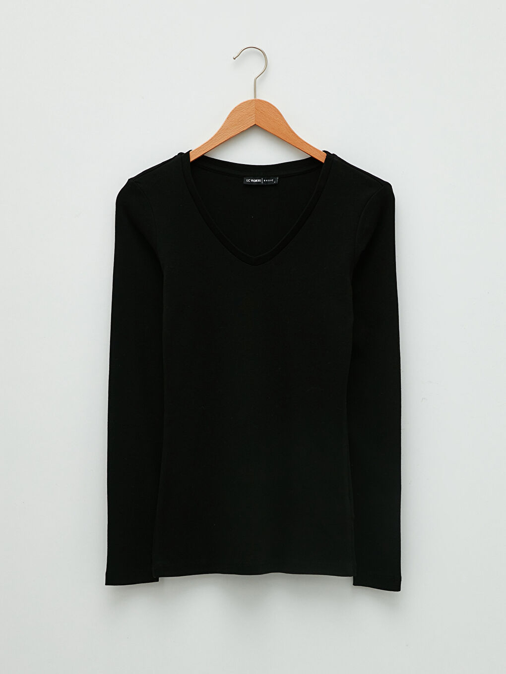 V Neck Straight Long Sleeve Cotton Women's T-Shirt-4