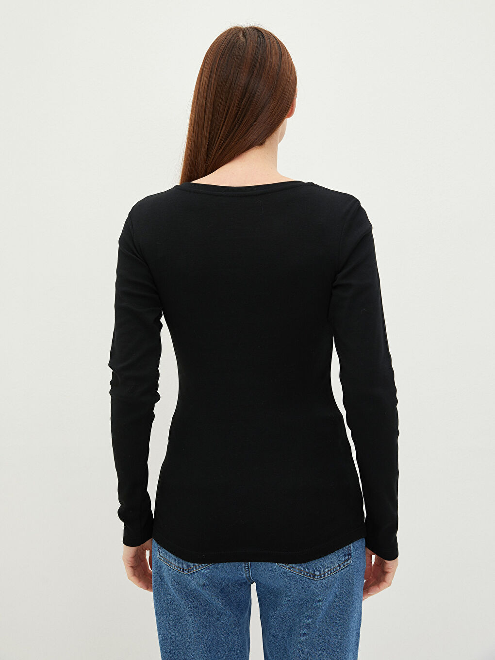 V Neck Straight Long Sleeve Cotton Women's T-Shirt-3
