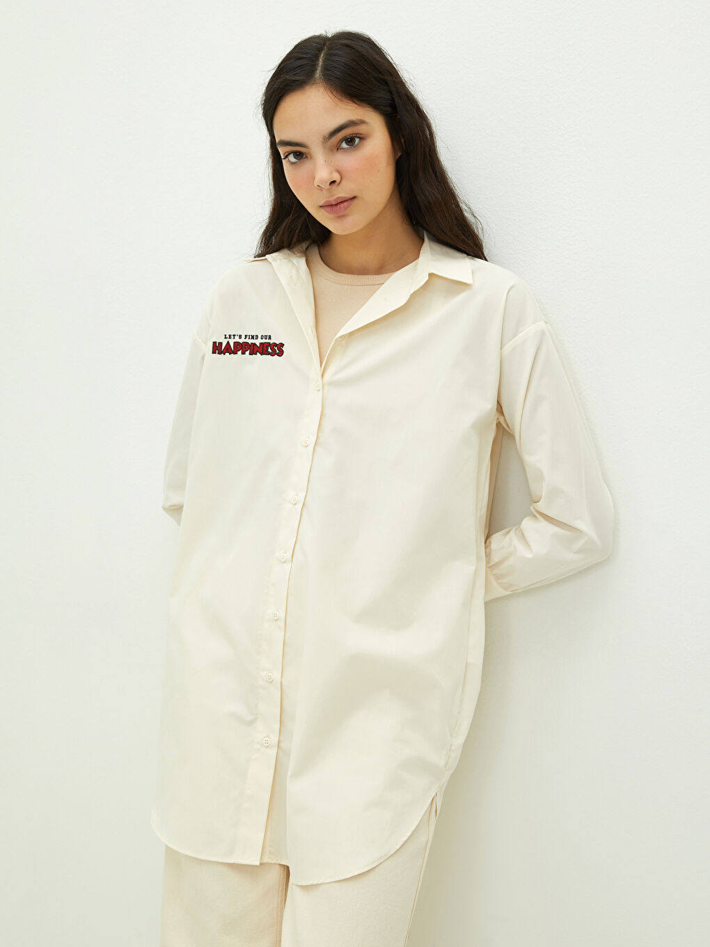 Bej Nakışlı Uzun Kollu Poplin Kadın Gömlek Tunik-1