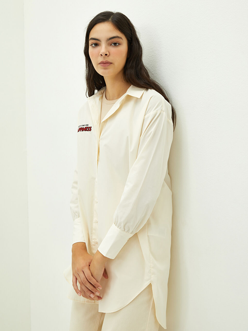 Bej Nakışlı Uzun Kollu Poplin Kadın Gömlek Tunik-3