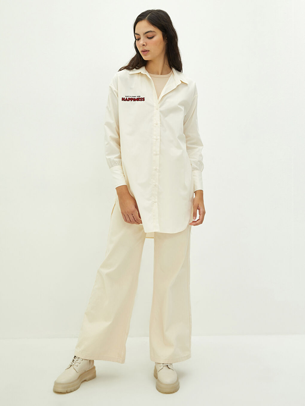 Bej Nakışlı Uzun Kollu Poplin Kadın Gömlek Tunik-5