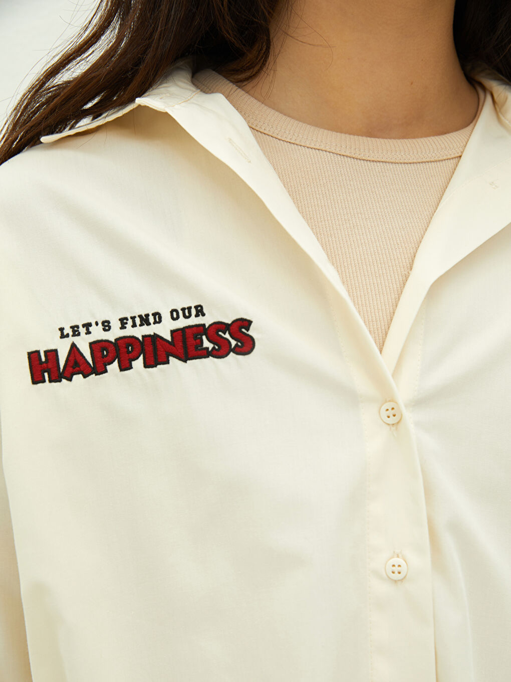 Bej Nakışlı Uzun Kollu Poplin Kadın Gömlek Tunik-7