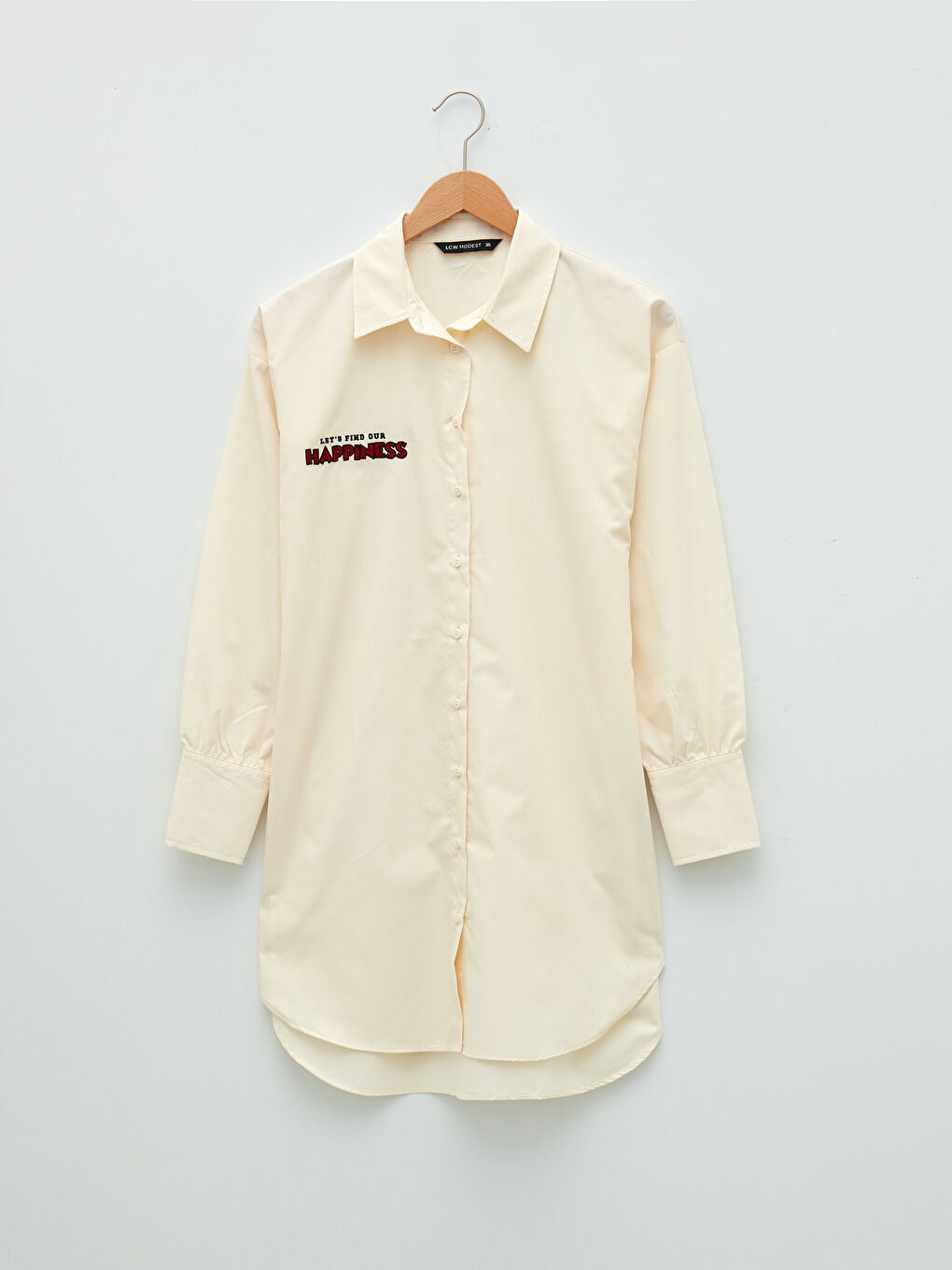 Bej Nakışlı Uzun Kollu Poplin Kadın Gömlek Tunik-11