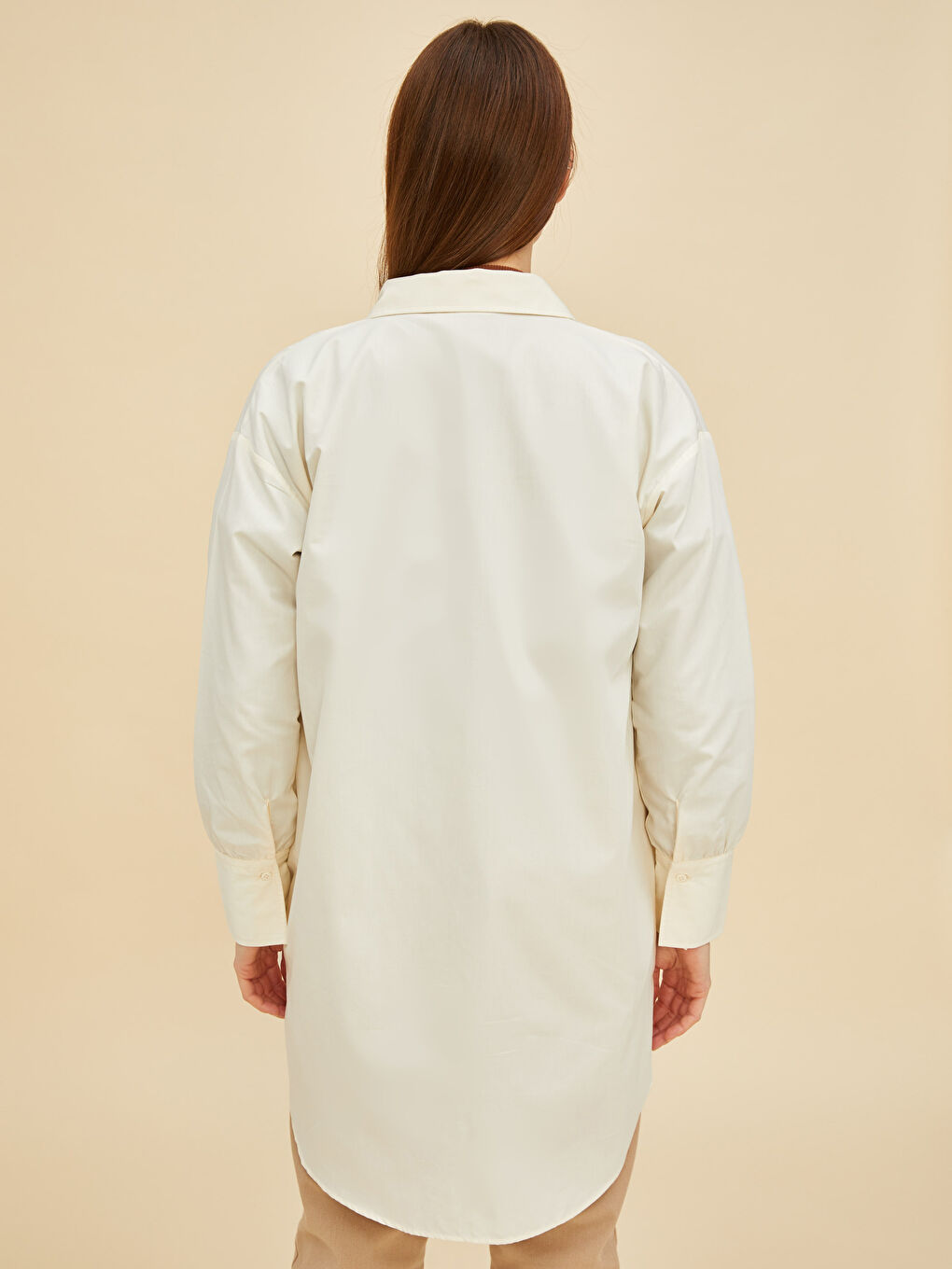 Bej Nakışlı Uzun Kollu Poplin Kadın Gömlek Tunik-10