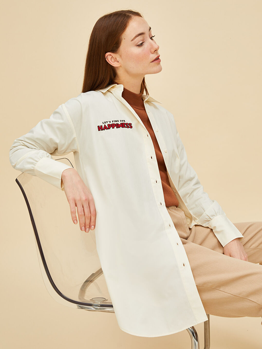 Bej Nakışlı Uzun Kollu Poplin Kadın Gömlek Tunik