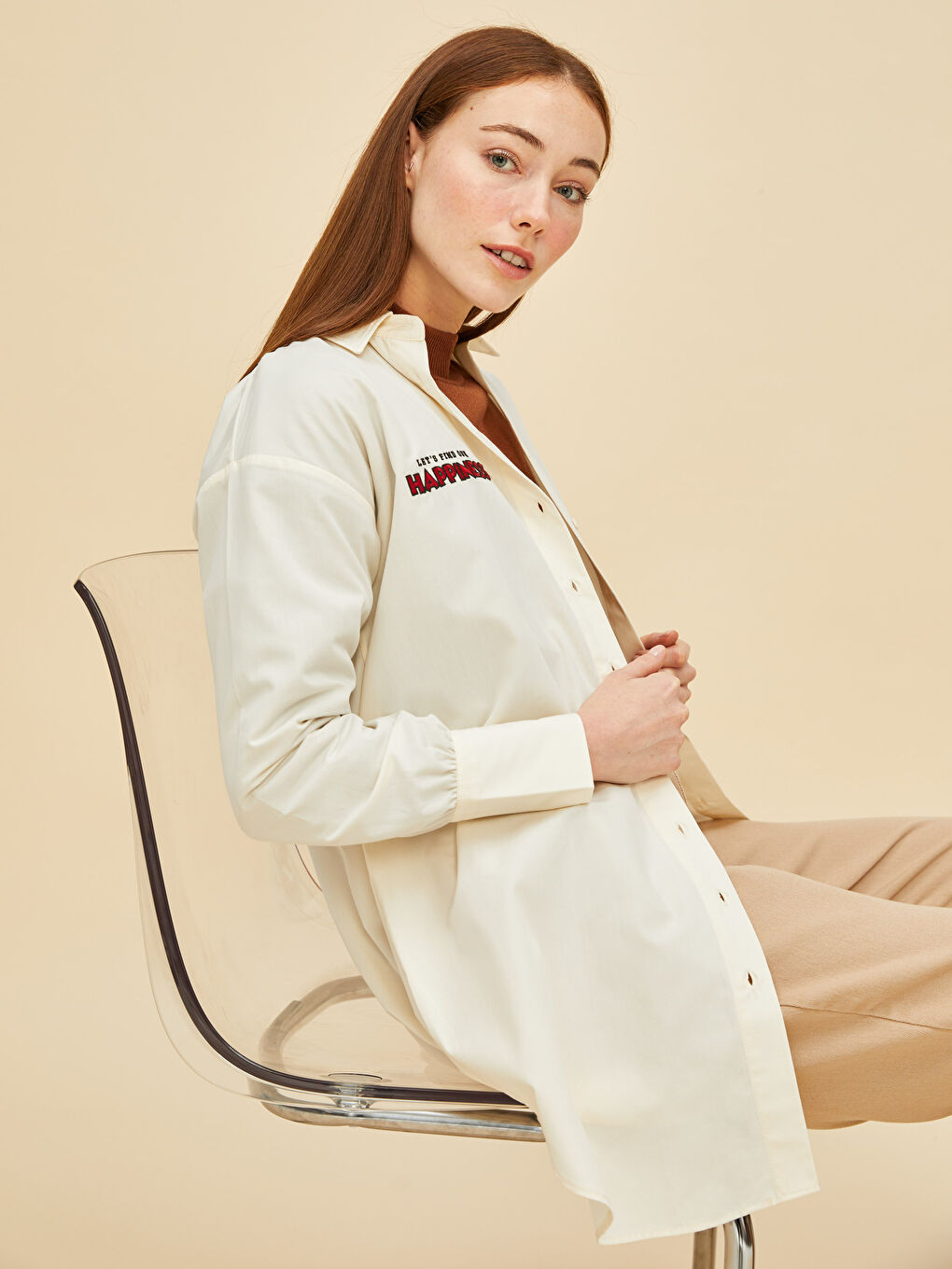 Bej Nakışlı Uzun Kollu Poplin Kadın Gömlek Tunik-2