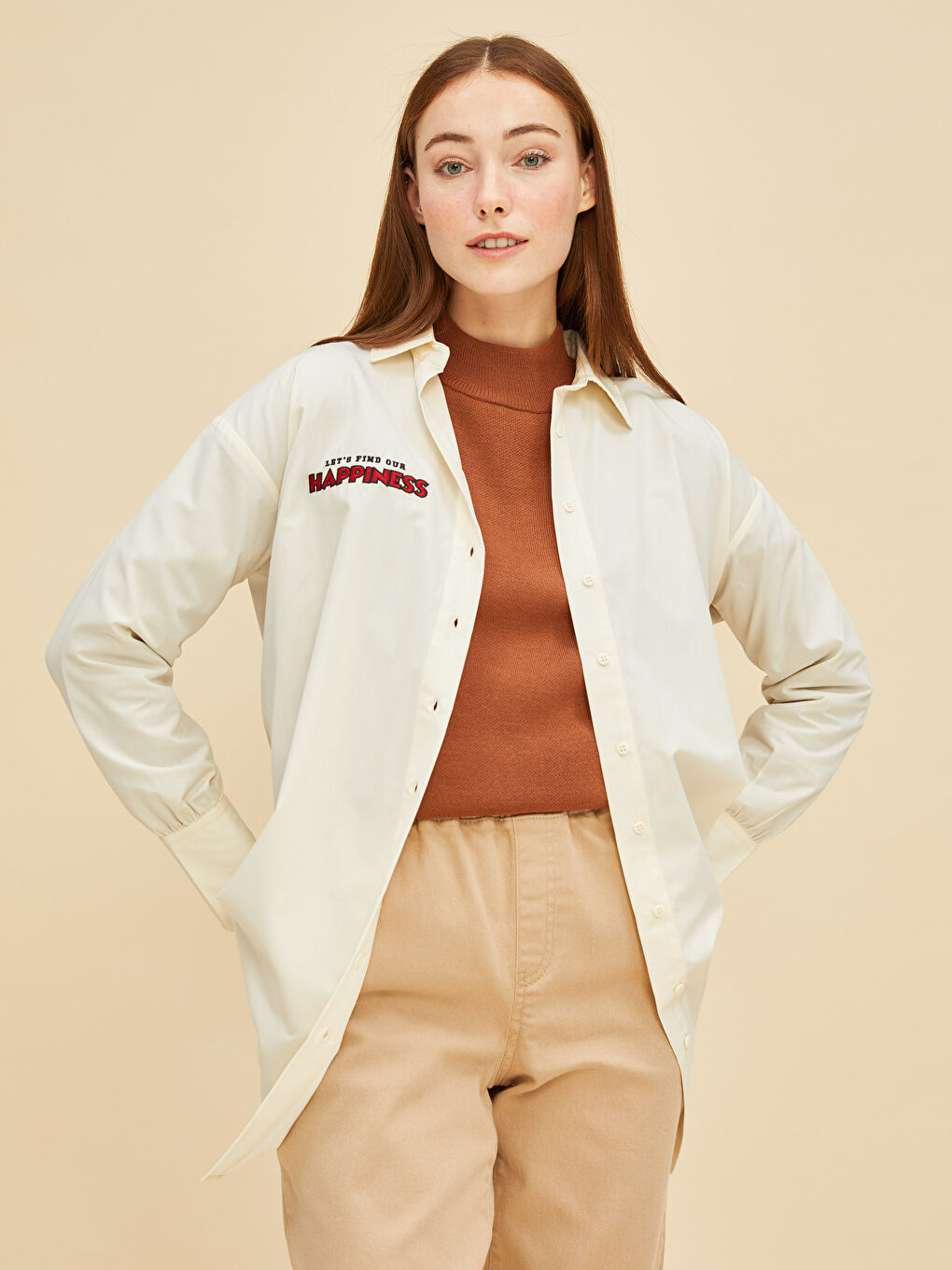 Bej Nakışlı Uzun Kollu Poplin Kadın Gömlek Tunik-4