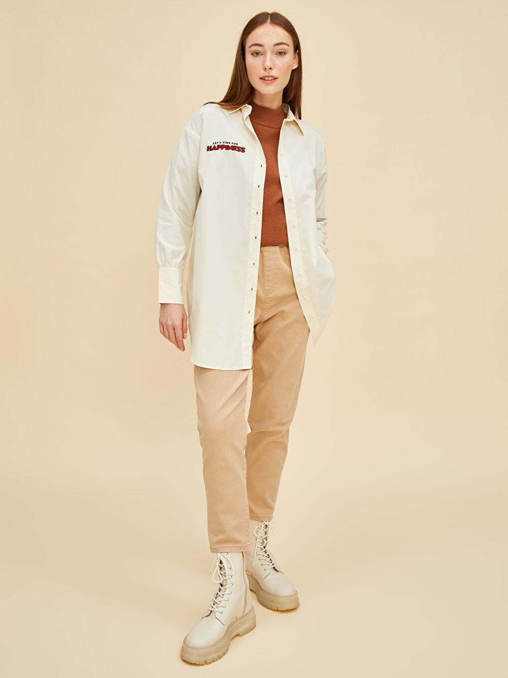 Bej Nakışlı Uzun Kollu Poplin Kadın Gömlek Tunik-6