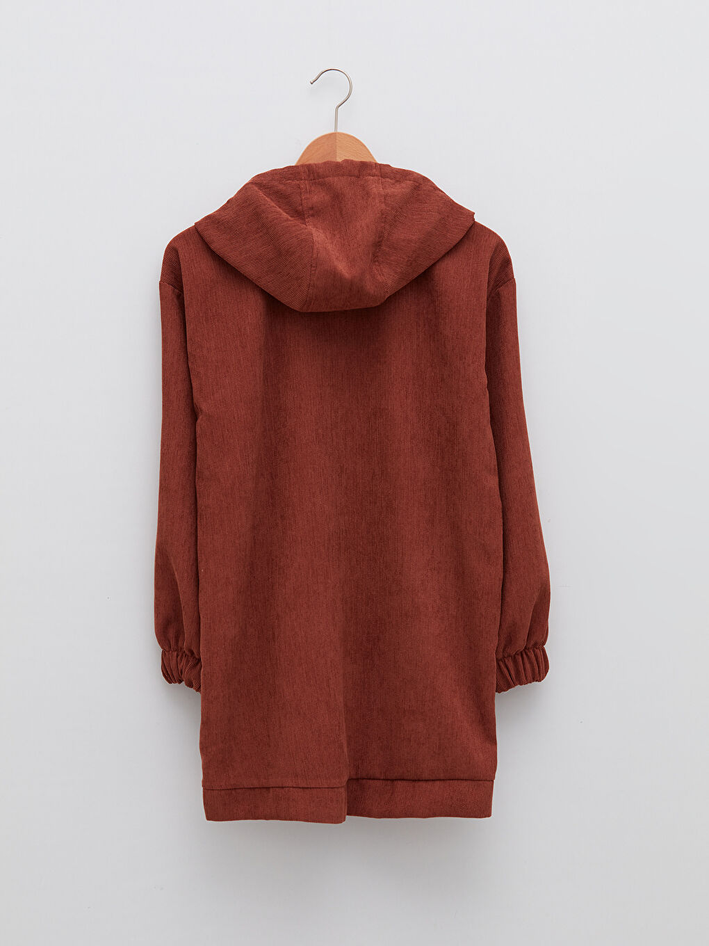 Kahverengi Kapüşon Yaka Düz Uzun Kollu Oversize Kadife Kumaş Kadın Tunik-7