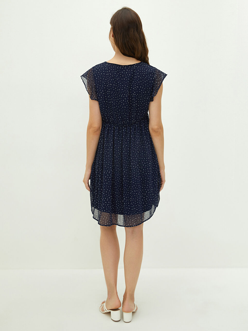 Lacivert V Yaka Desenli Kısa Kollu Şifon Hamile Elbise-4