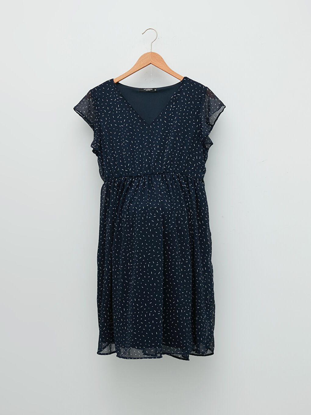 Lacivert V Yaka Desenli Kısa Kollu Şifon Hamile Elbise-6