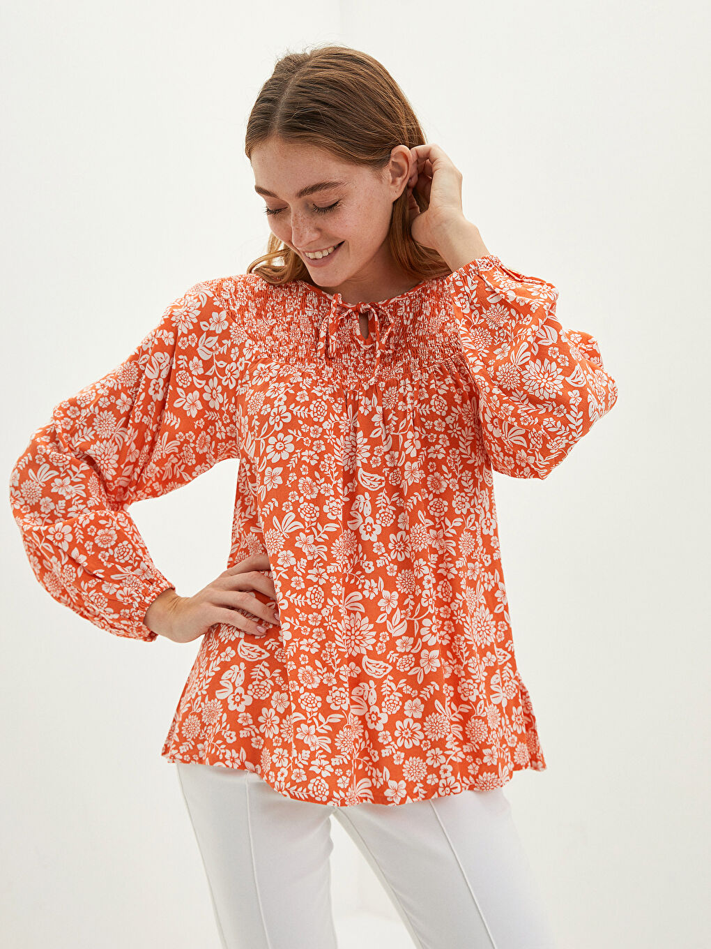 Tie Collar Floral Long Sleeve Viscose Women's Blouse