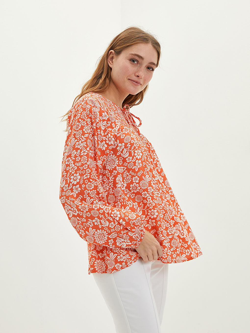 Tie Collar Floral Long Sleeve Viscose Women's Blouse-1