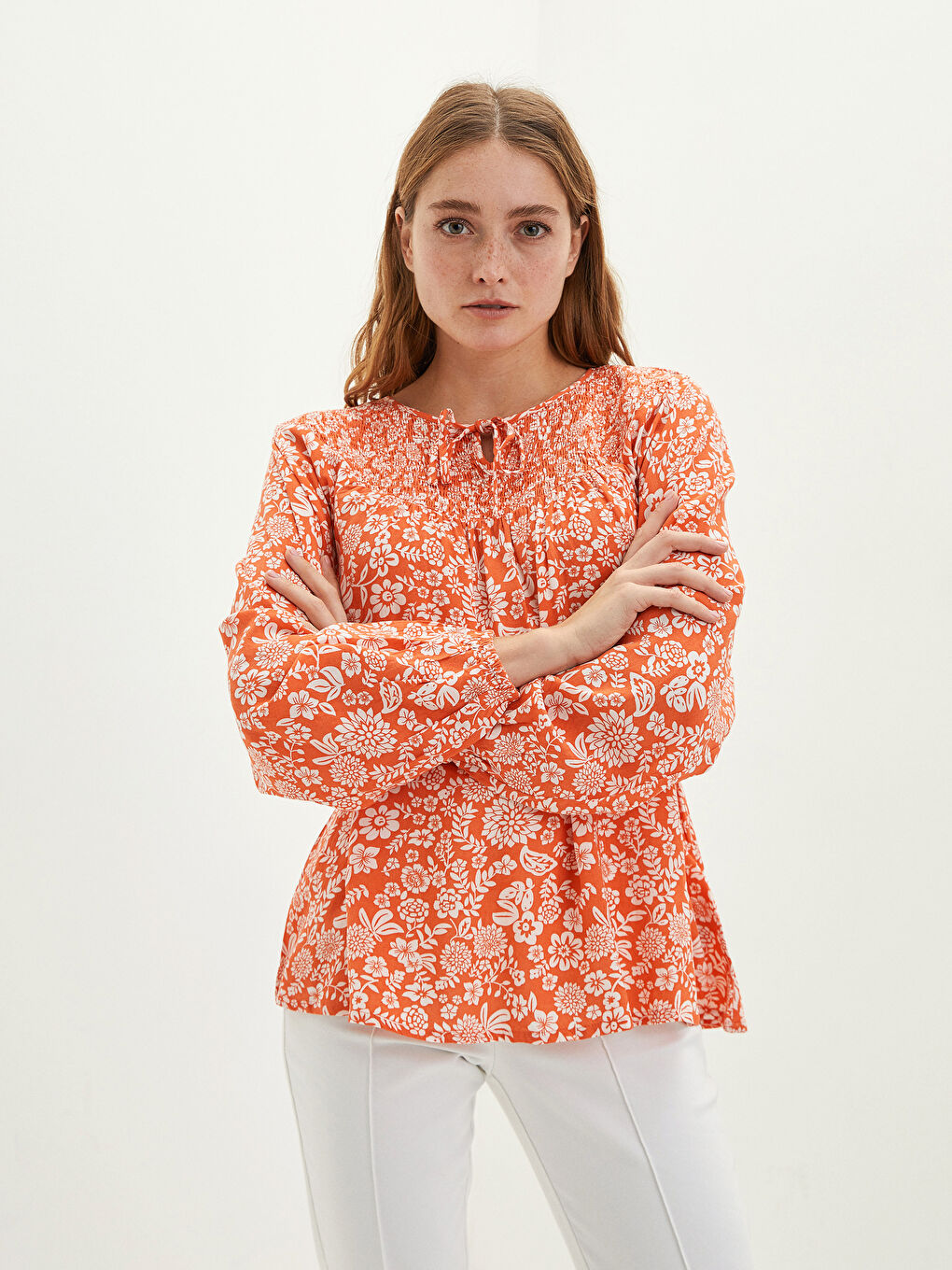 Tie Collar Floral Long Sleeve Viscose Women's Blouse-2