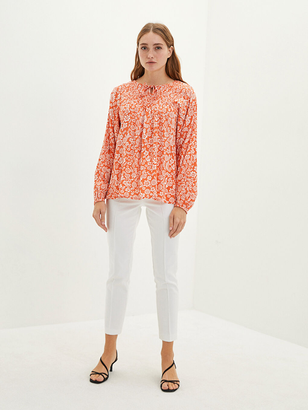 Tie Collar Floral Long Sleeve Viscose Women's Blouse-4