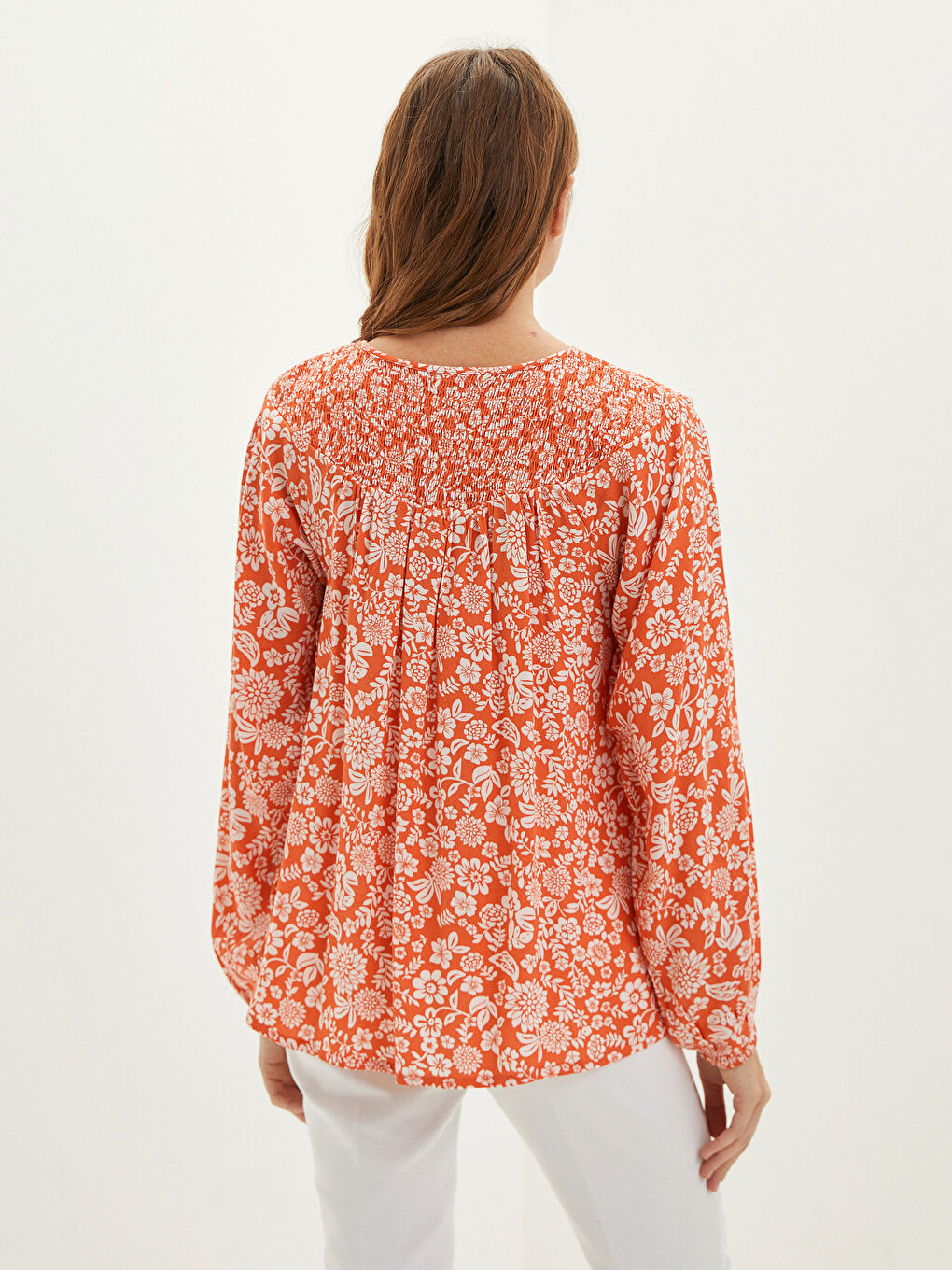 Tie Collar Floral Long Sleeve Viscose Women's Blouse-5