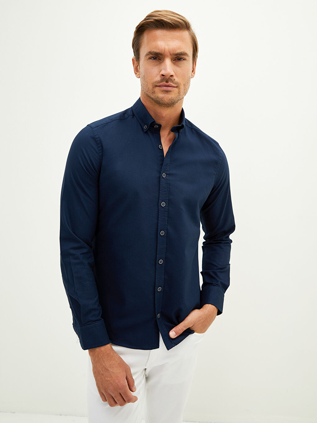 قميص رجالي كم طويل قطن رفيع-1