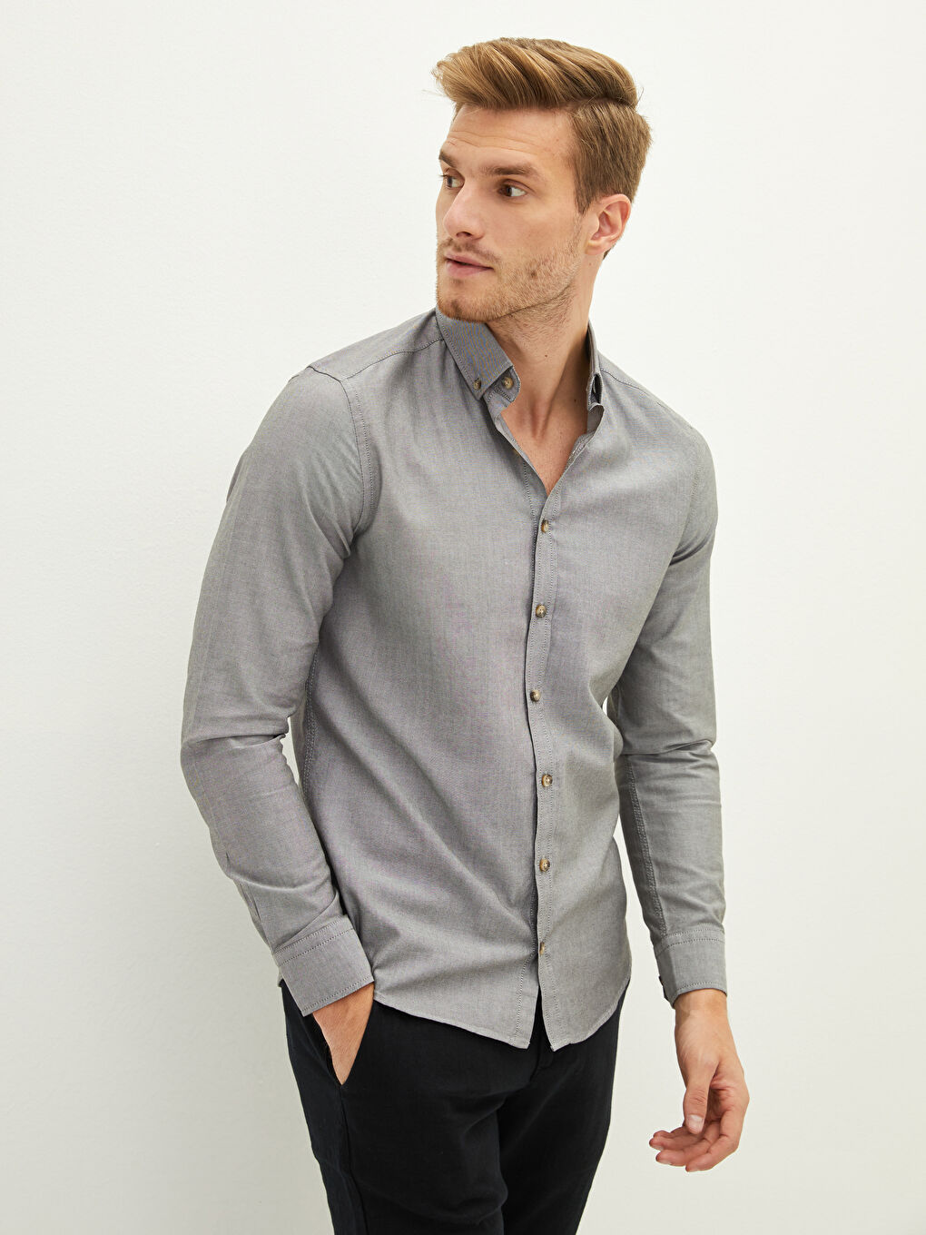 قميص رجالي قطن بأكمام طويلة وقصة ضيقة-2