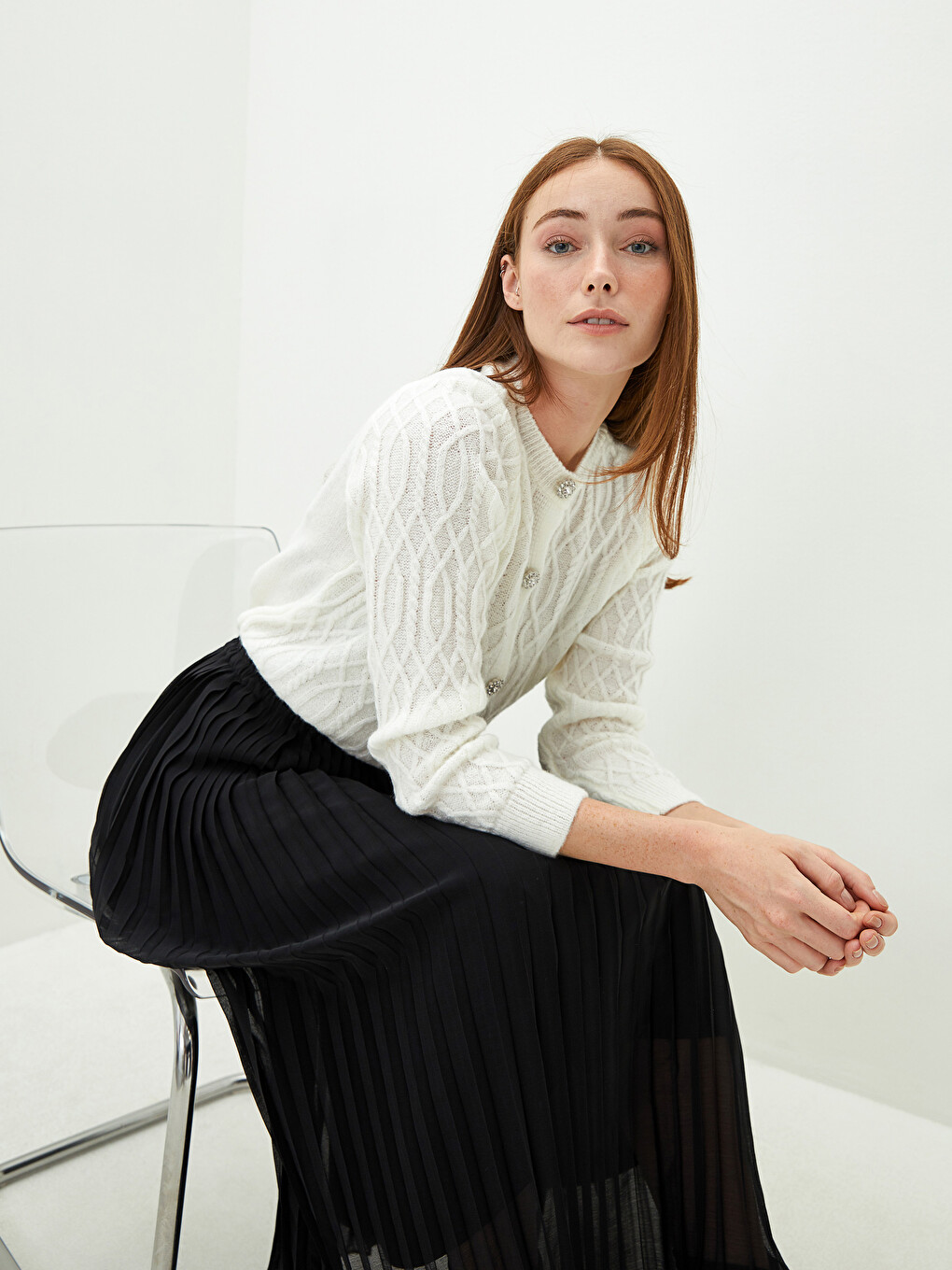 Cardigan Femme à Col Rond et Manches Longues