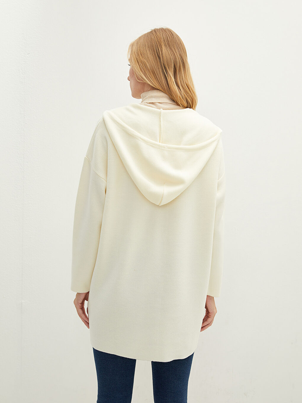 Bej Kapüşon Yaka Düz Uzun Kollu Kadın Triko Hırka-7