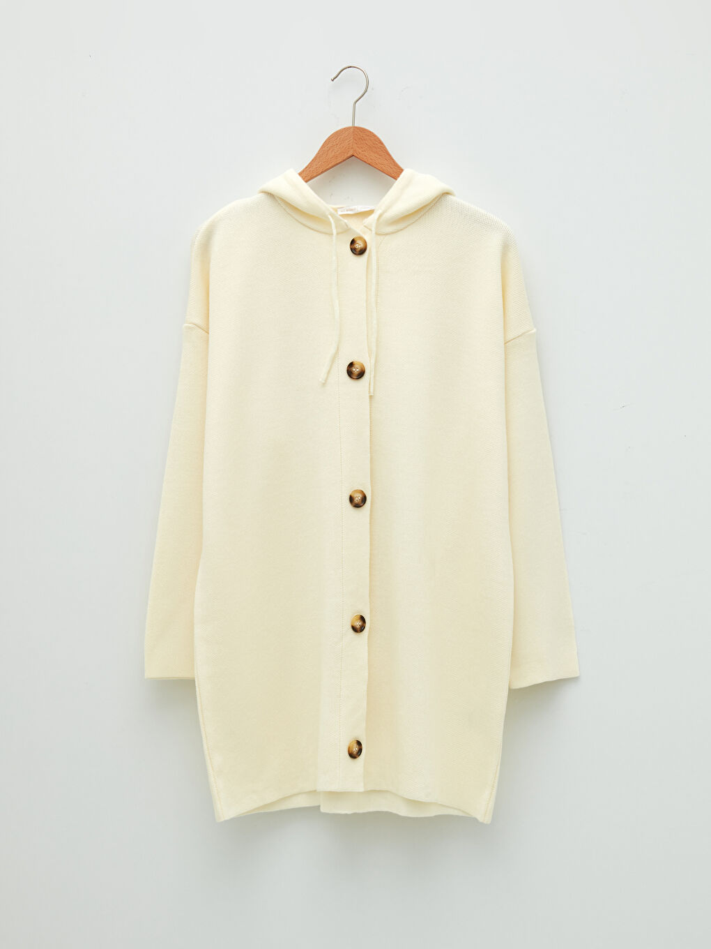 Bej Kapüşon Yaka Düz Uzun Kollu Kadın Triko Hırka-8