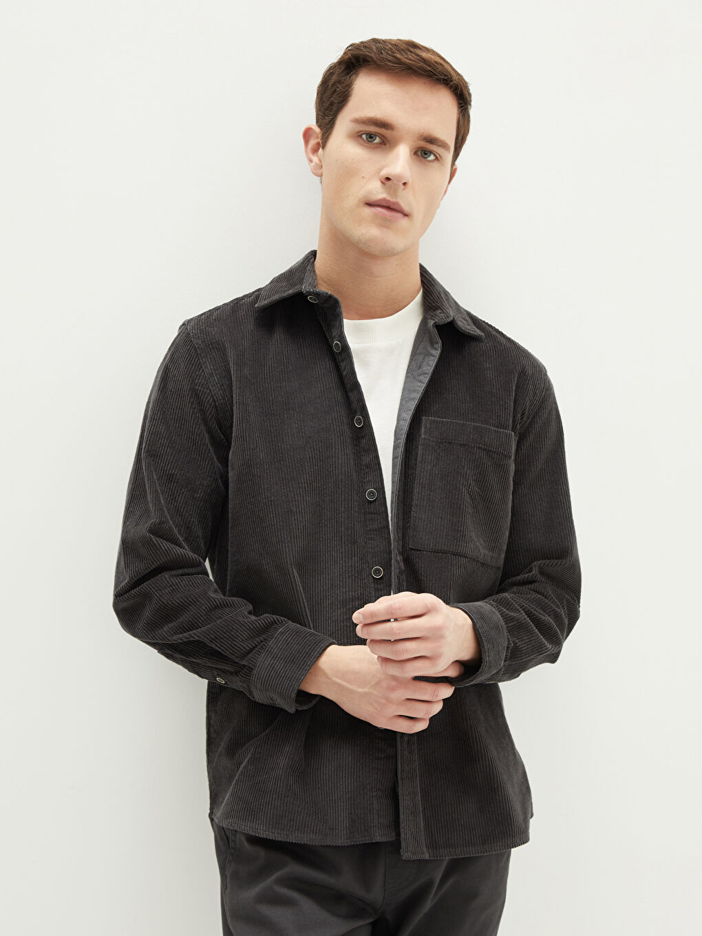 قميص رجالي كم طويل قطيفة بقصة عادية-1