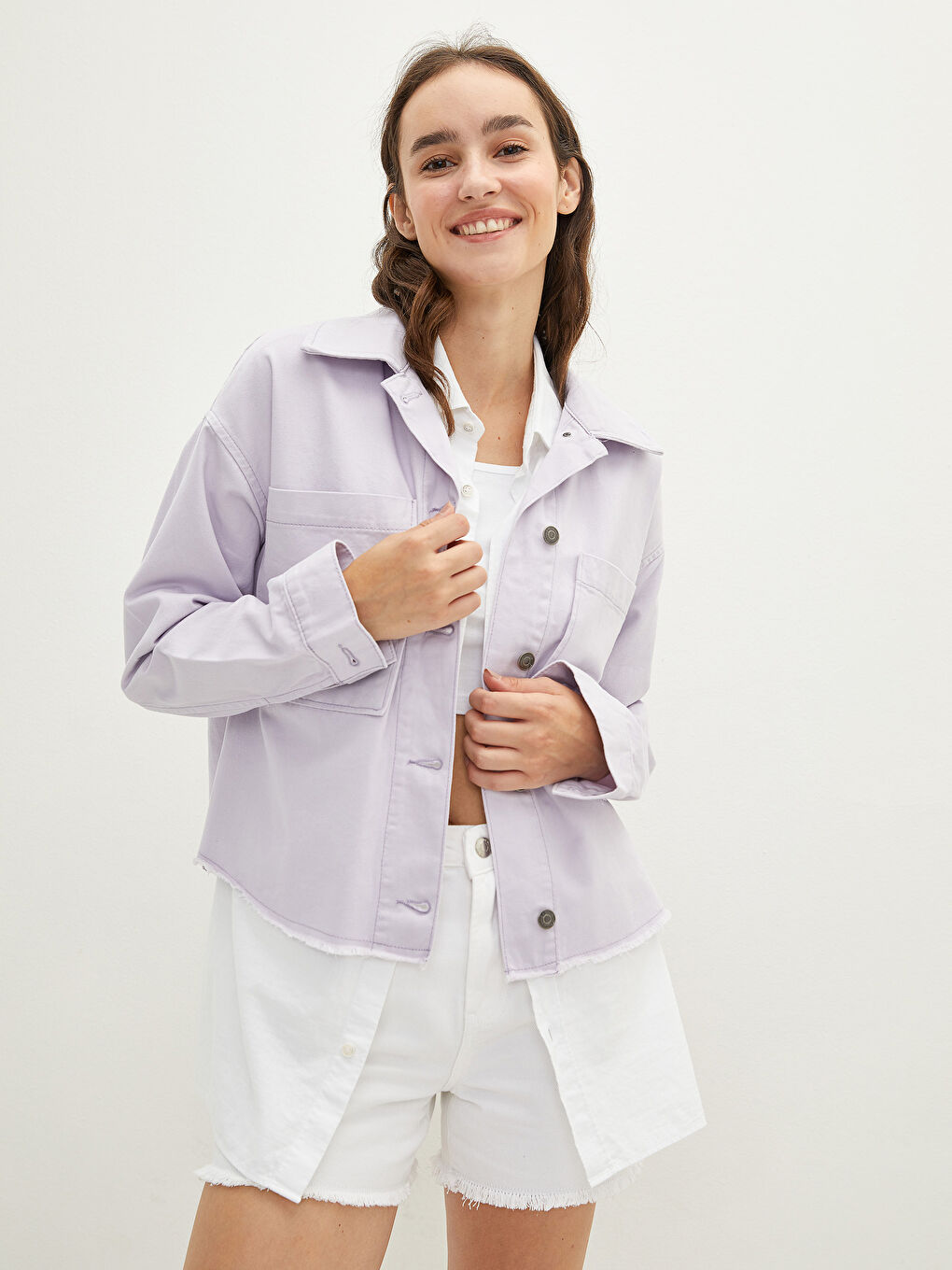 Shirt Collar Straight Long Sleeved Pocket Detailed Poplin Women's Jacket-1