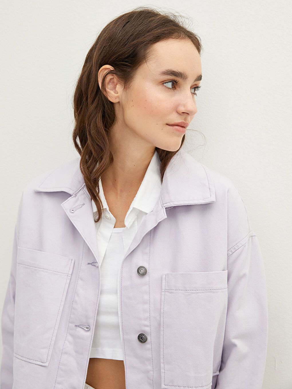 Shirt Collar Straight Long Sleeved Pocket Detailed Poplin Women's Jacket-2