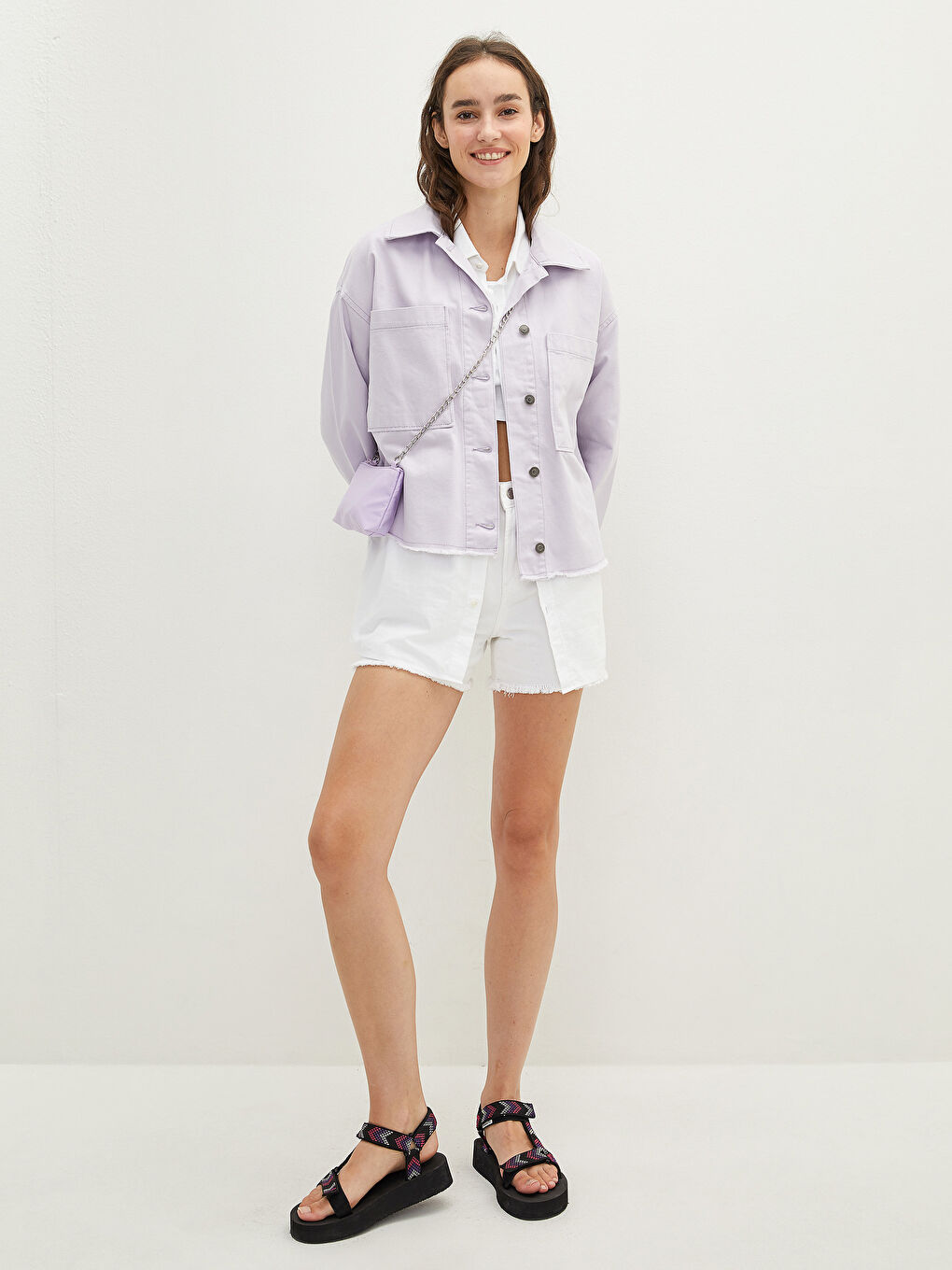 Shirt Collar Straight Long Sleeved Pocket Detailed Poplin Women's Jacket-3