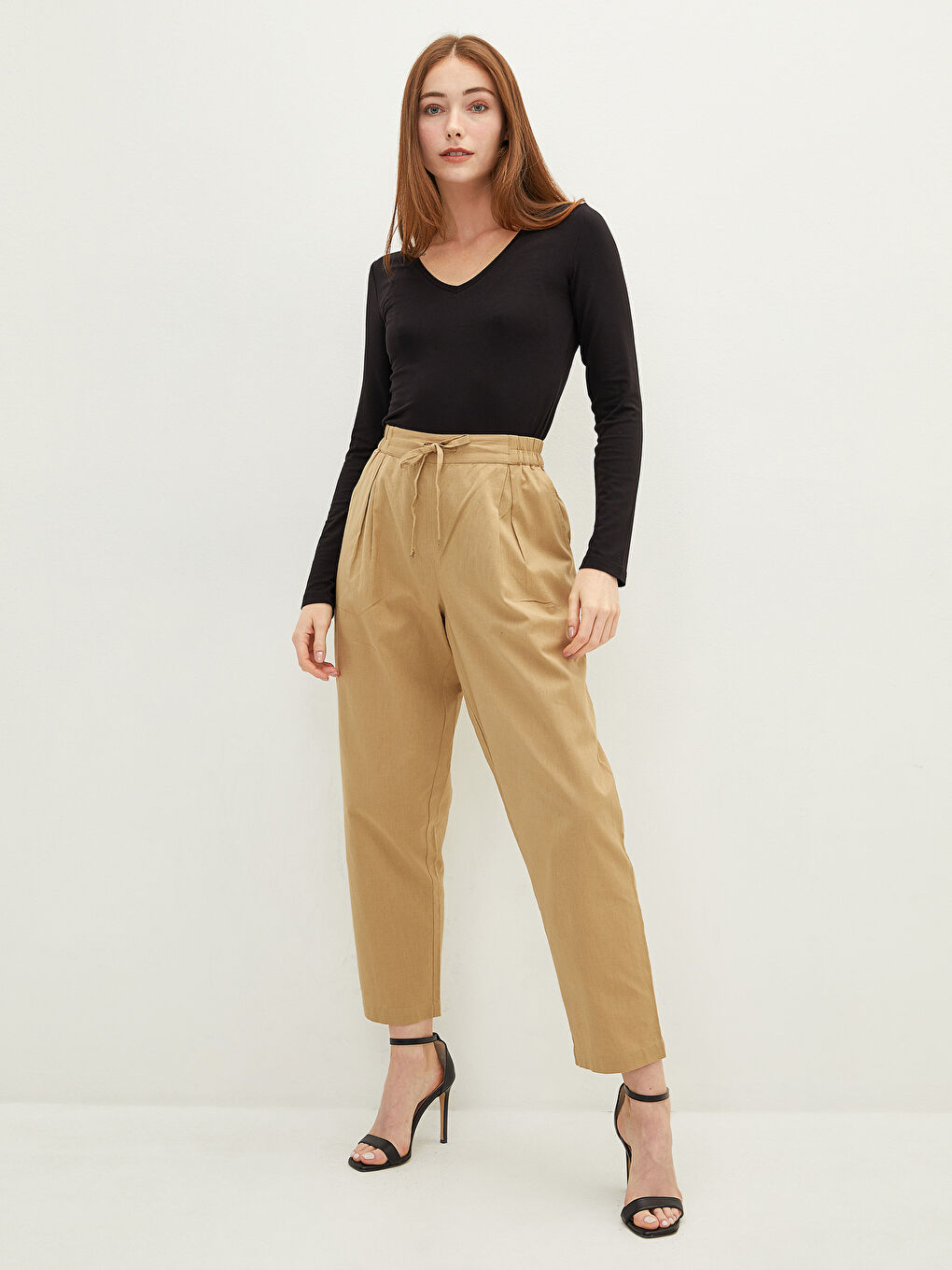 سروال نساء بخصر مطاطي وتفاصيل رباط-1