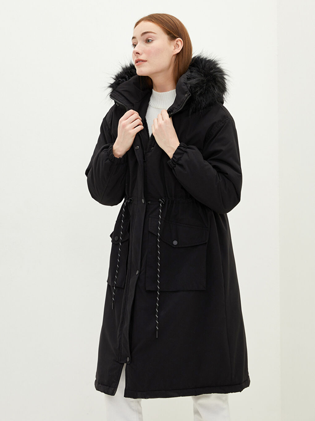 Fur Detail Hooded Straight Long Sleeve Thick Women's Parka